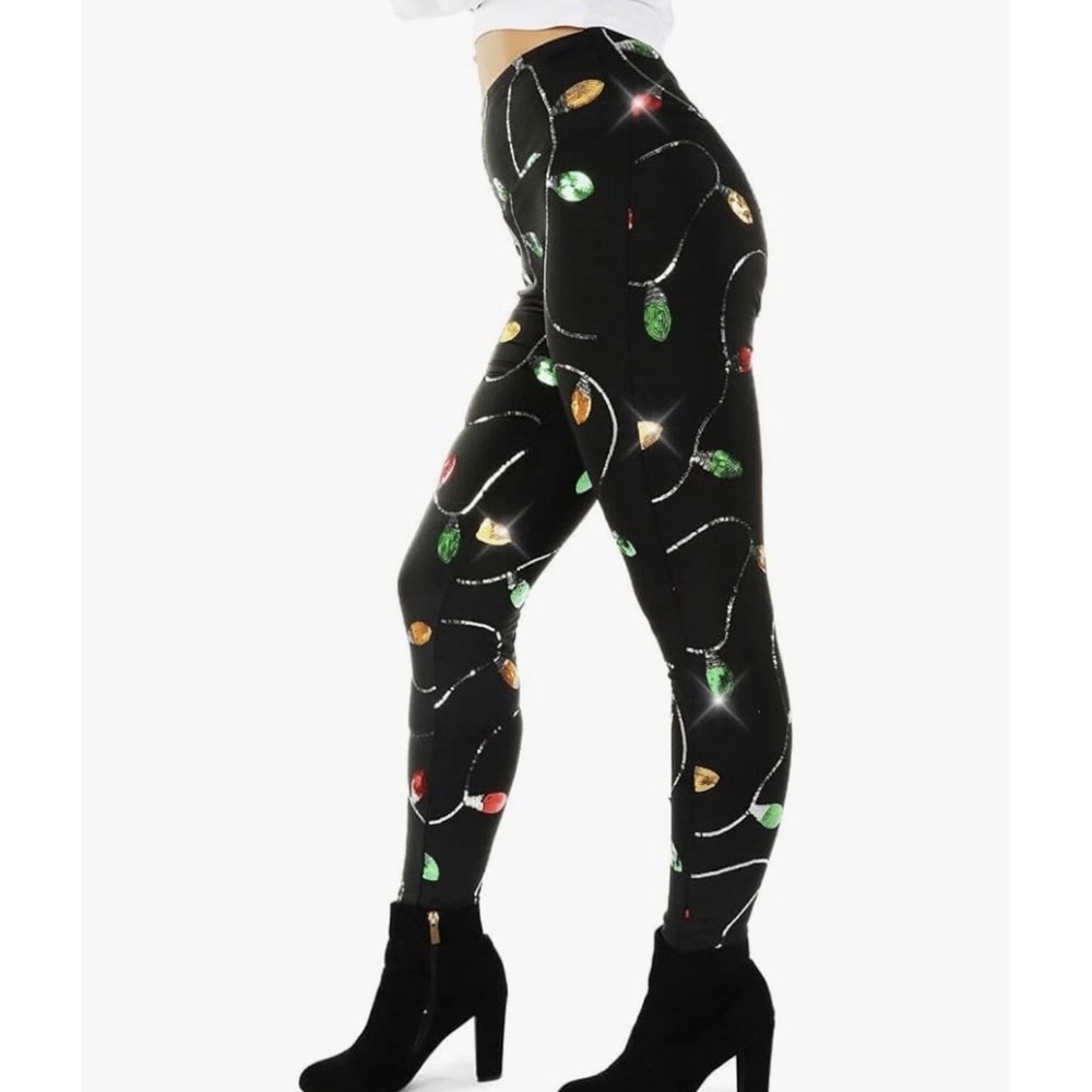 Tipsy Elves Womens XXL Christmas Tree Light High Waisted Leggings Black Holiday